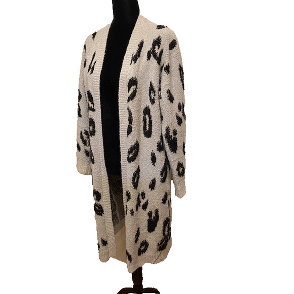 Knox Rose Leopard Cardigan Sweater Duster Womens Small Gray Black Long Knit - Picture 1 of 9